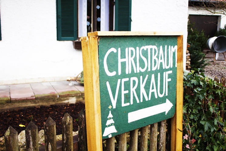 Haus mit Schild für den Weihnachtsbaumverkauf